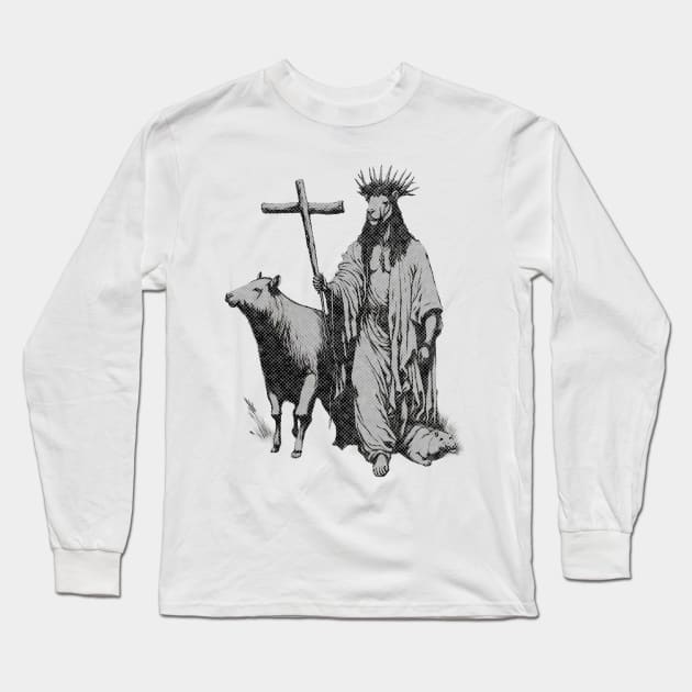 Animal Jesus Walking With Capybara Funny Vintage Cool T-Shirt Long Sleeve T-Shirt by InktuitionCo